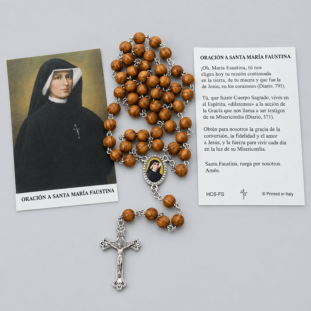 Santa Maria Faustina Rosario de madera con Oracion Saint Mary Faustine Rosary 