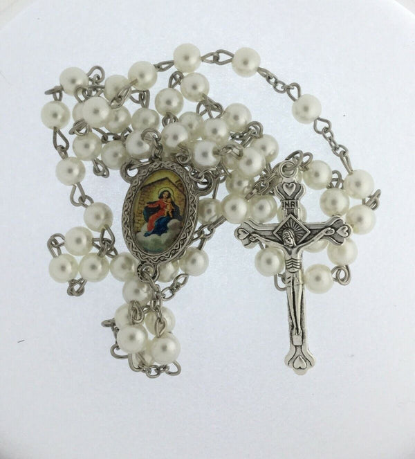 Virgen de Loerto Faux White Pearl Rosary Necklace Catholic home Protection Casa