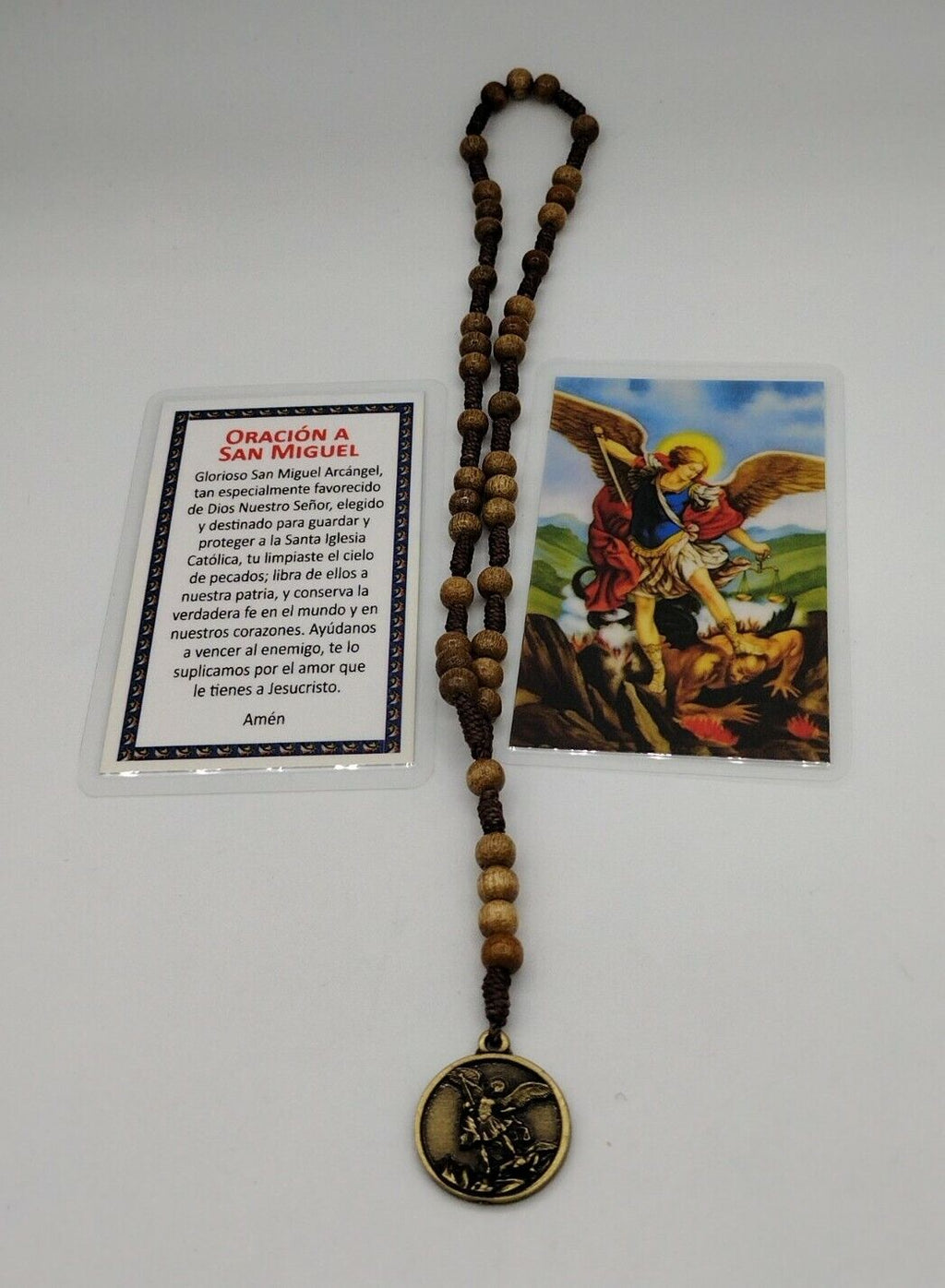 Brown Wood St Saint Michael Archangel Rosary Beads Chaplet coronilla San Miguel