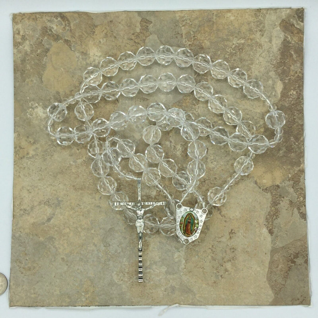 Large Crystal Clear Rosary Beads Necklace Wall Hanging Jerusalem Cross Jesus 39"