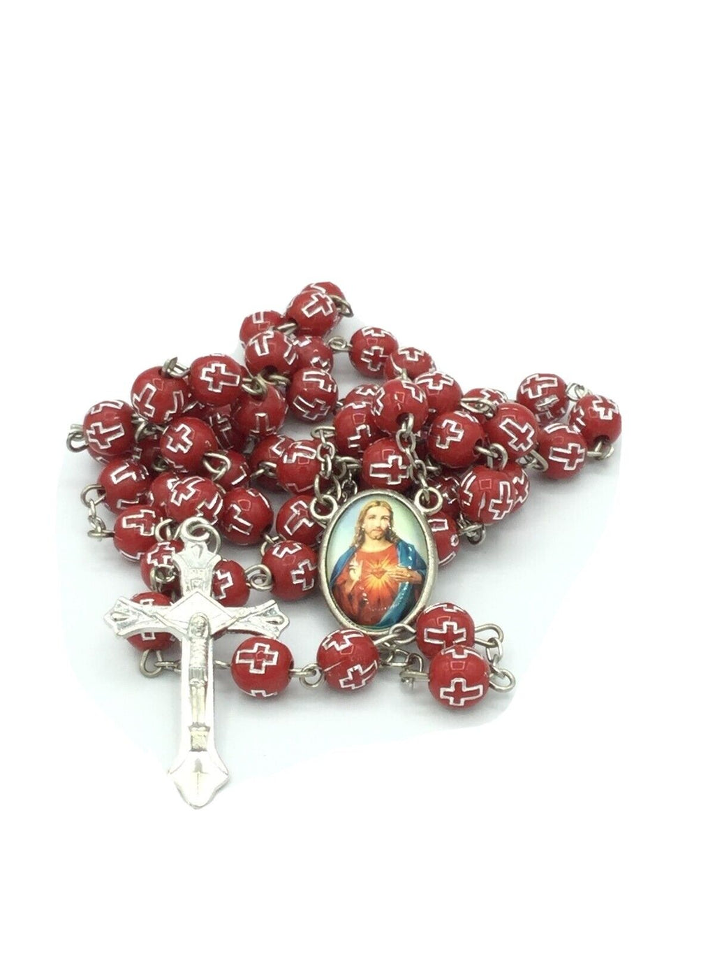  Catholic Rosary Necklace Red Sacred Heart of Jesus sagrado corazón de Jesús   