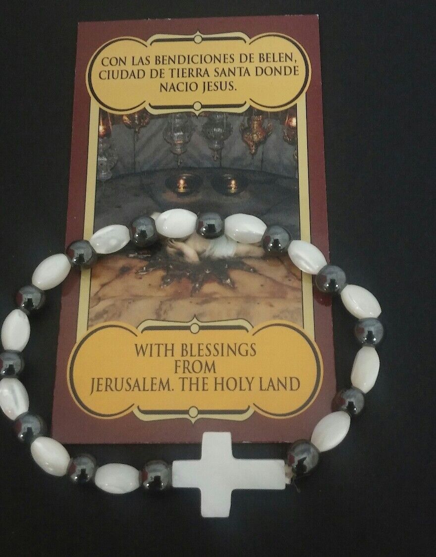 Mother of pearl bracelet made in Jerusalem cross Jesus pulsera de Nácar Stretch