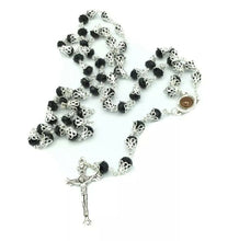 Black Crystals Rosary Beads Necklace Jerusalem Soil Catholic Jesus Cross 