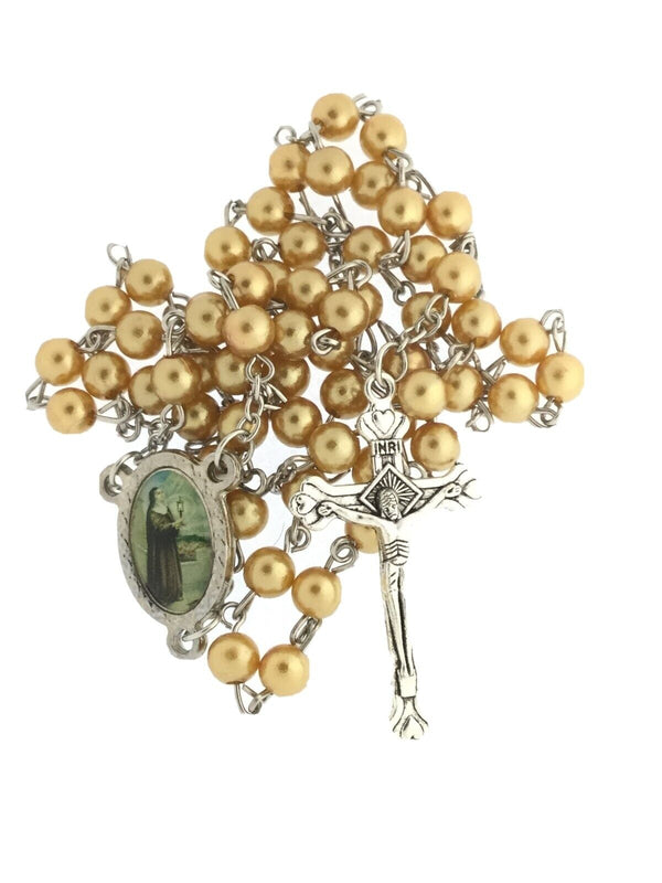 Saint Clare of Assissi Faux gold tone Pearl Rosary Necklace Catholic santa Clara