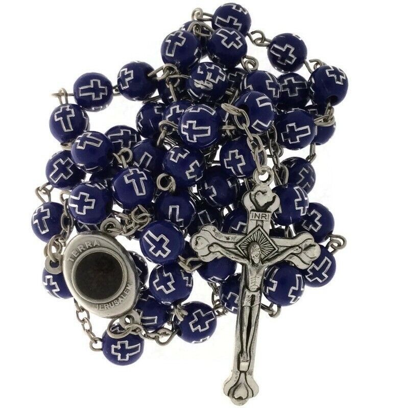 Catholic Blue Rosary Beads Decorated Crucifixion  Holy Soil from Jerusalem Cruz