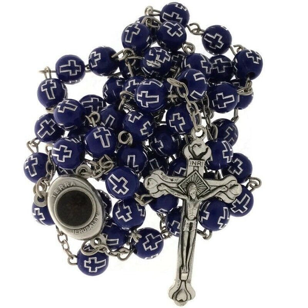 Catholic Blue Rosary Beads Decorated Crucifixion  Holy Soil from Jerusalem Cruz
