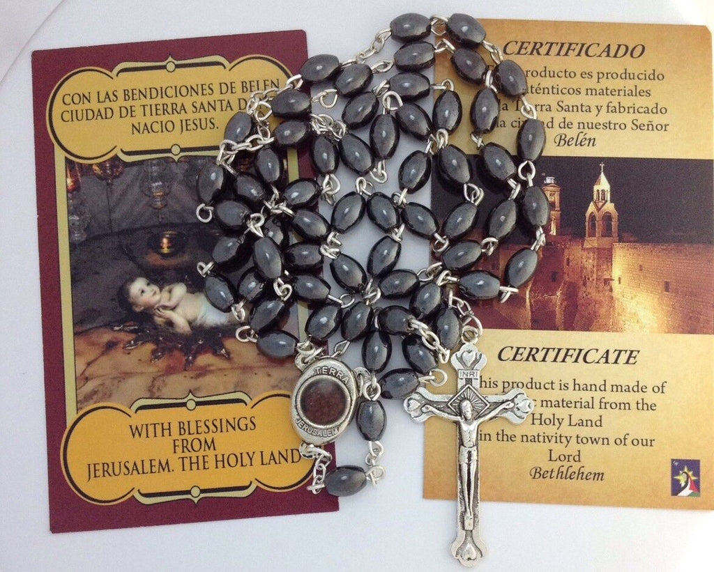 Black Beads Rosary Catholic Hematite Crucifix Necklace Rosario Soil Jerusalem