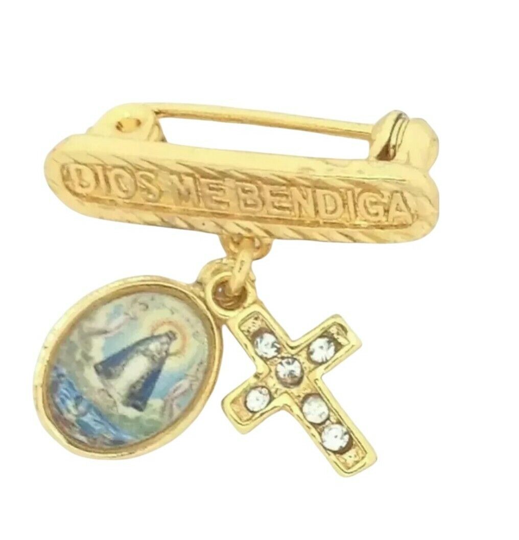 14k Gold Plated Caridad Del Cobre Newborn Baby Pin Dios Me Bendiga Luis Beltrán