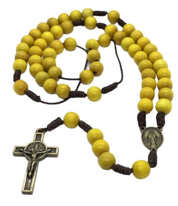 Miraculous Medal Wood Rosary Beads Saint St. Benedict Medal Cross Necklace Cruz