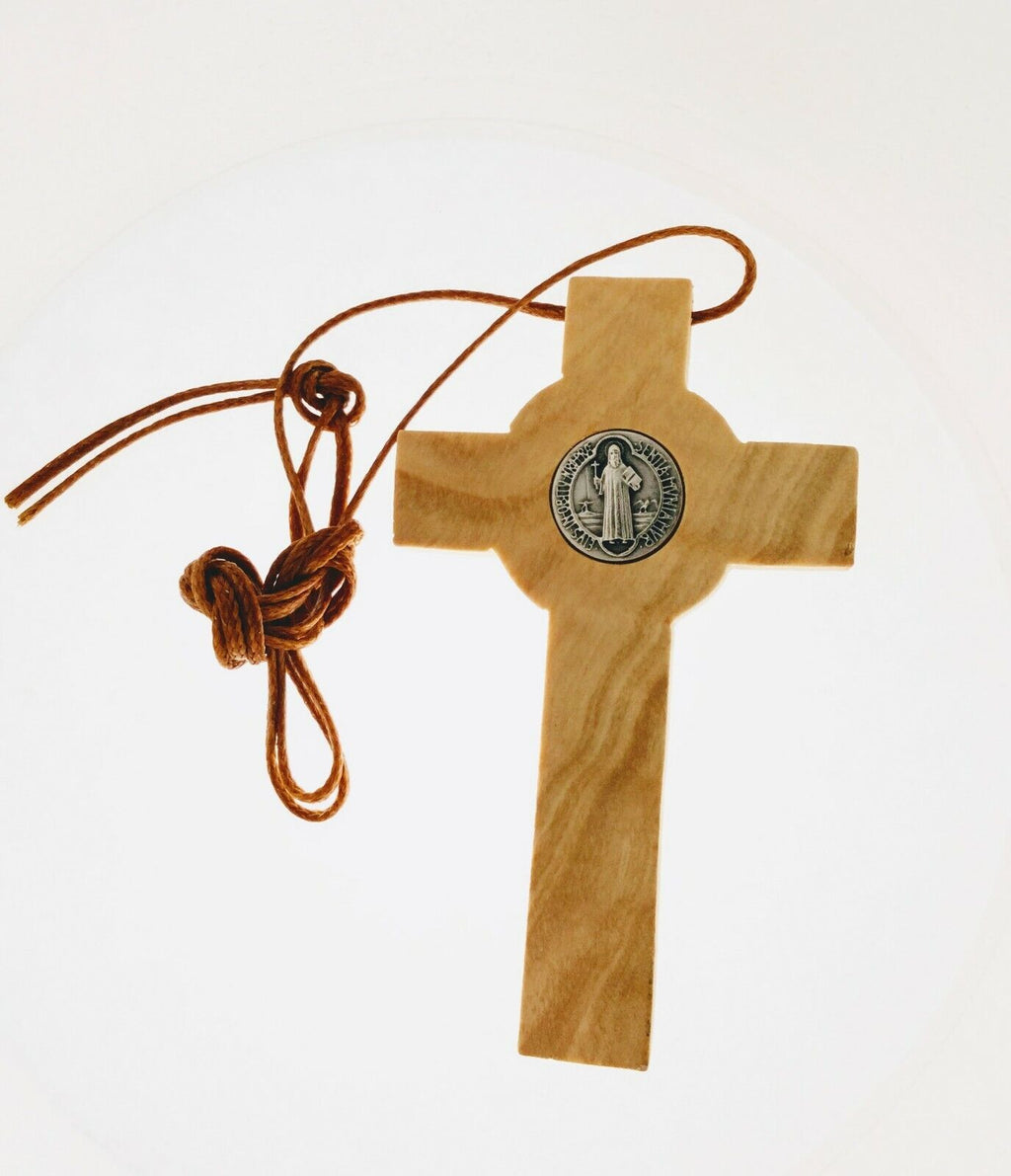 3" St Saint Benedict Crucifix Cross Olive Wood Catholic cord Necklace Excorsismo