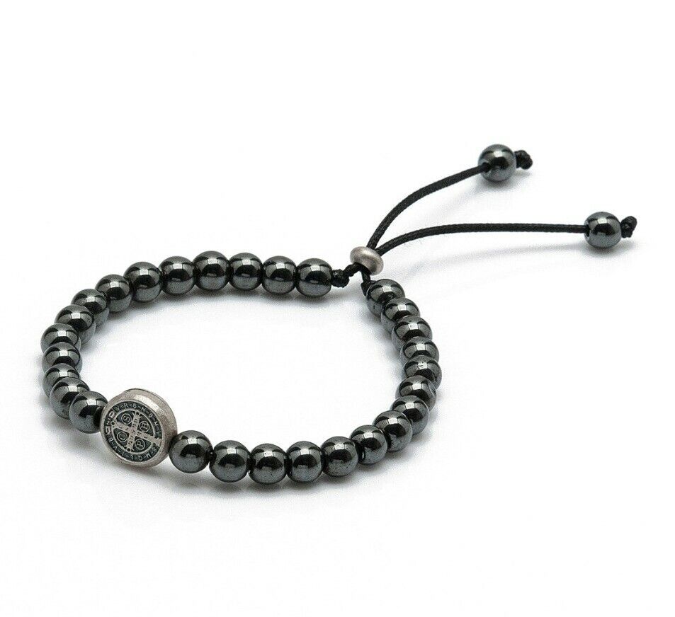 ADJUSTABLE San BENTO HEMATITE BRACELET Saint Benedict Medal Exorcism Protection 