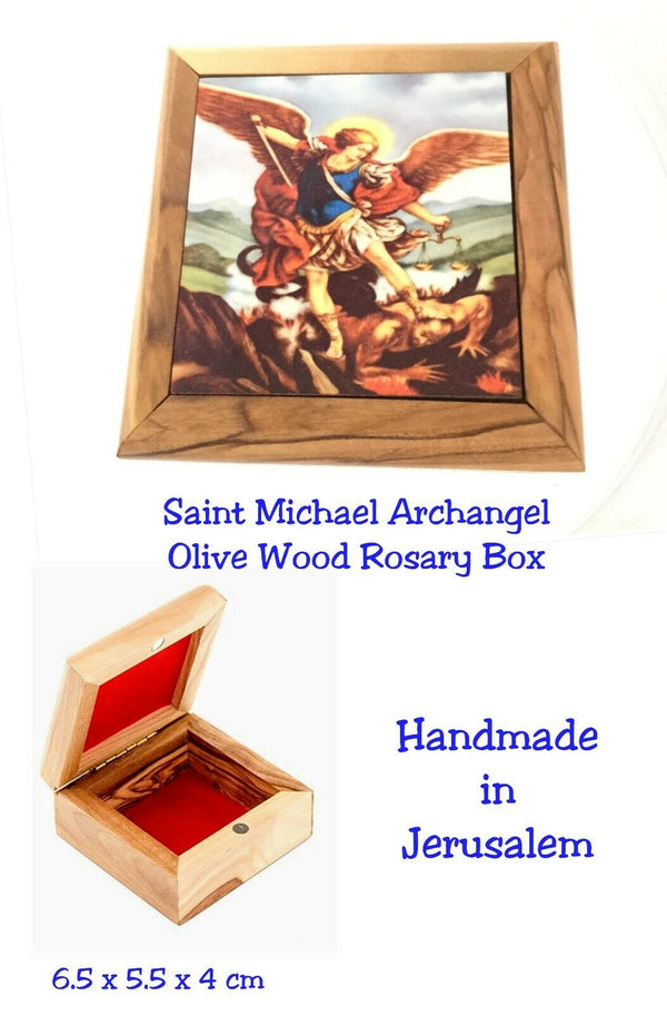 Saint Michael Olive Wood Jerusalem keepsake Rosary box San Miguel arcángel
