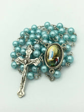 Catholic Blue Pearl Beads Rosary Necklace Our Lady of Lourdes Medal Cross Jesus 