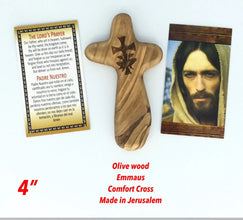 Olive Wood Comfort Cross Holding Cross engraved Emmaus Jerusalem Handmade