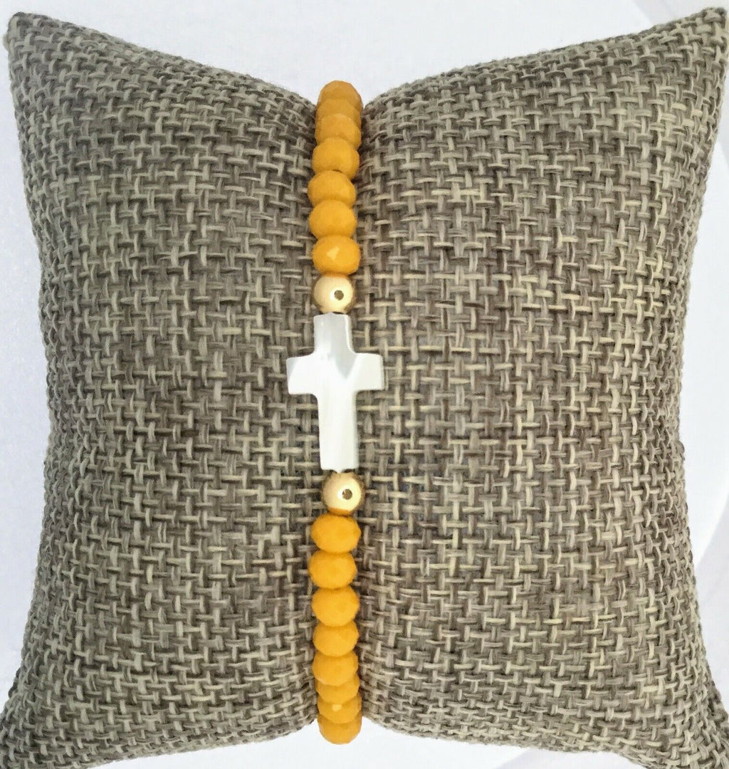 Yellow crystal, Mother of Pearl Cross stretch Women's bracelet Cruz de Nácar