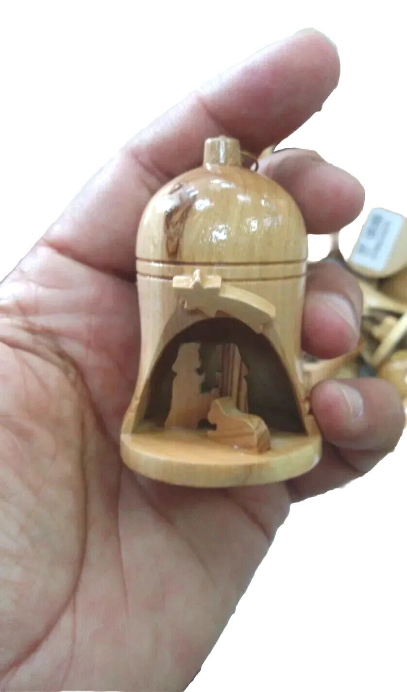 Carved Handmade Wooden Bell Christmas Ornament Nativity Scene Holy Land 3.5"