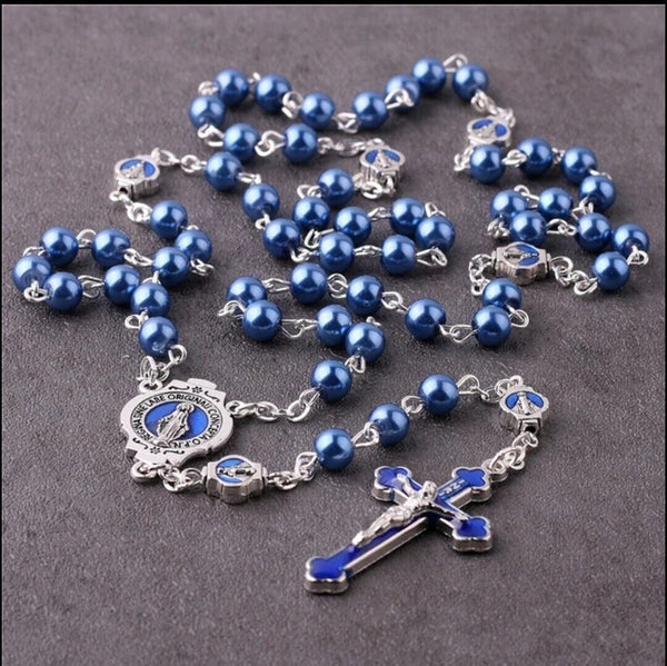 Catholic Virgin Mary Chain Rosary 6mm Blue Glass Pearl Beads Rosario Women