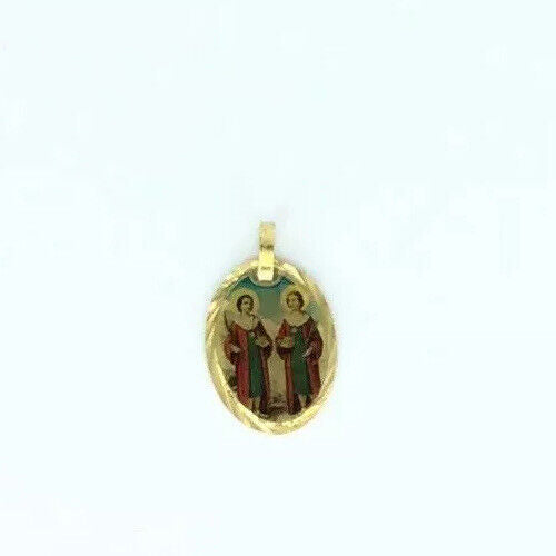 18k  Religious Medal Gold Plated Pendant Saint Cosmas & Damian Necklace Catholic