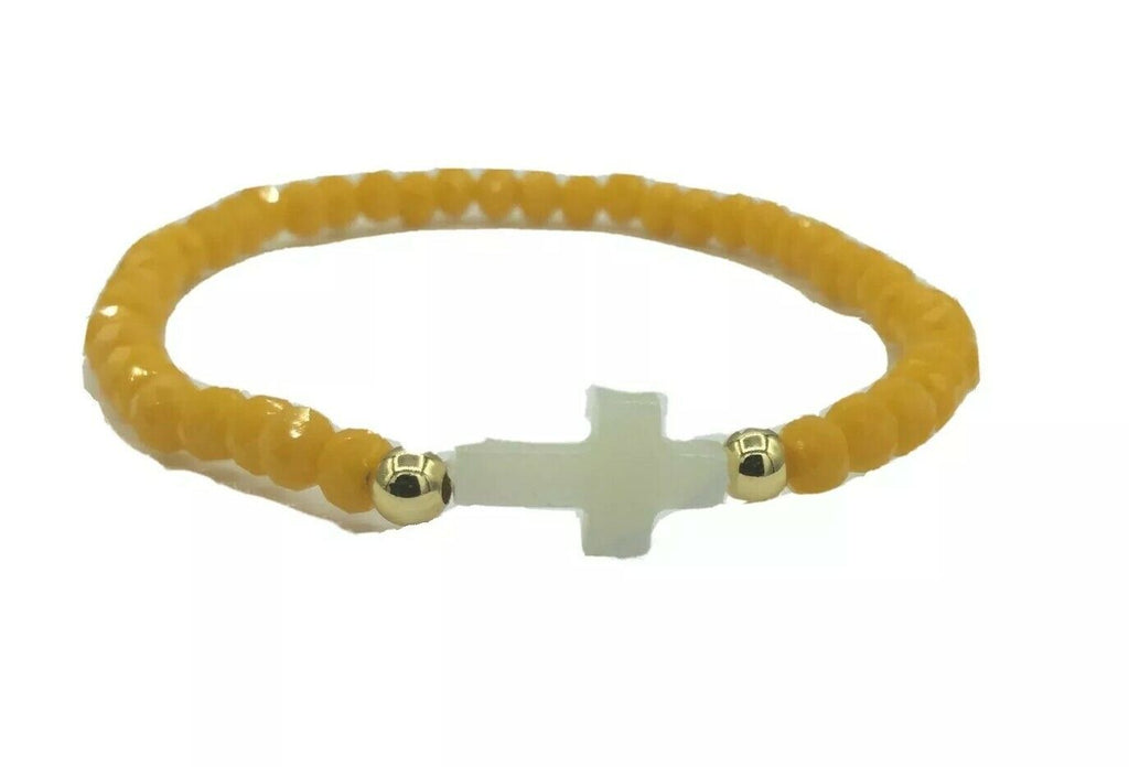 Yellow crystal, Mother of Pearl Cross stretch Women's bracelet Cruz de Nácar