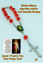 Divine Mercy 7MM Red Glass Bead One Decade Auto Hanging Rearview Mirror Rosary