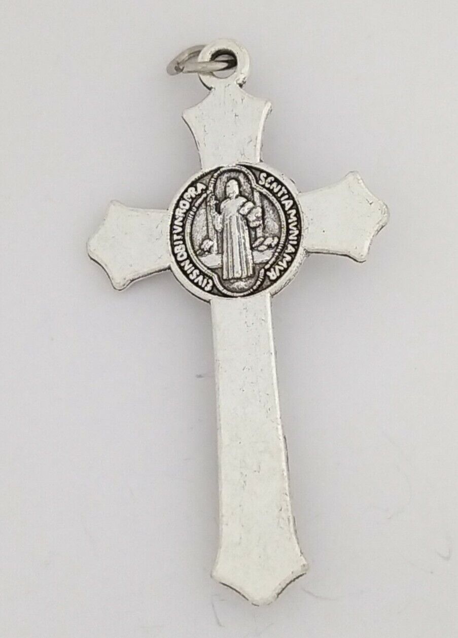 Saint St Benedict Medal Crucifix Cross Silver Plated Pendant Necklace 17" Cord