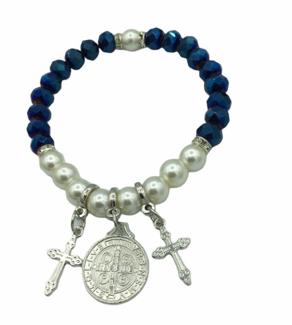 Saint St.Benedict Medal Bracelet 7mm Blue Glass Simulated Pearl Beads Cross 