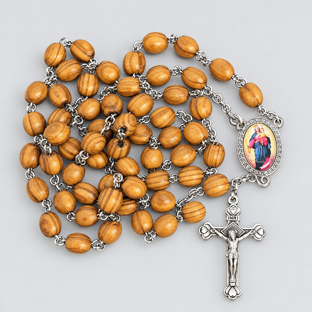  Olive Wood Rosary Beads Jerusalem Necklace Oval Catholic Mary Help of Christian