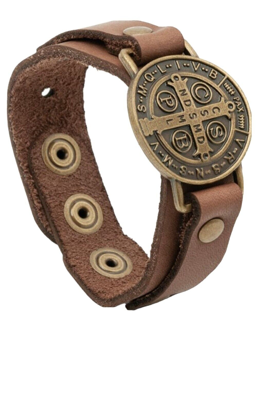 Men’s Saint.Benedict Medal Bracelet Leather Brown Band Gold adjustable St Benito