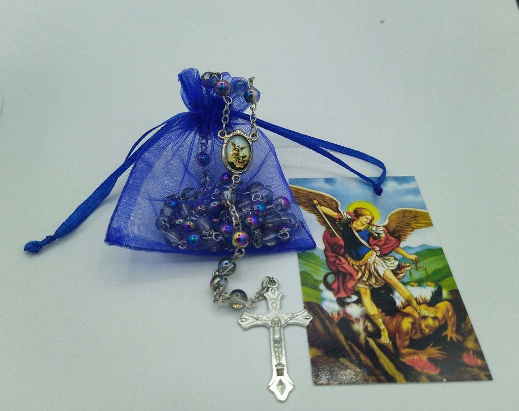 St.Saint Michael Archangel Rosary Glass San Miguel Arcángel Necklace Jesus