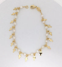 18 k Gold Filled ROSARY CROSS BRACELET HANGING CROSS 7” Simulated Pearl Beads