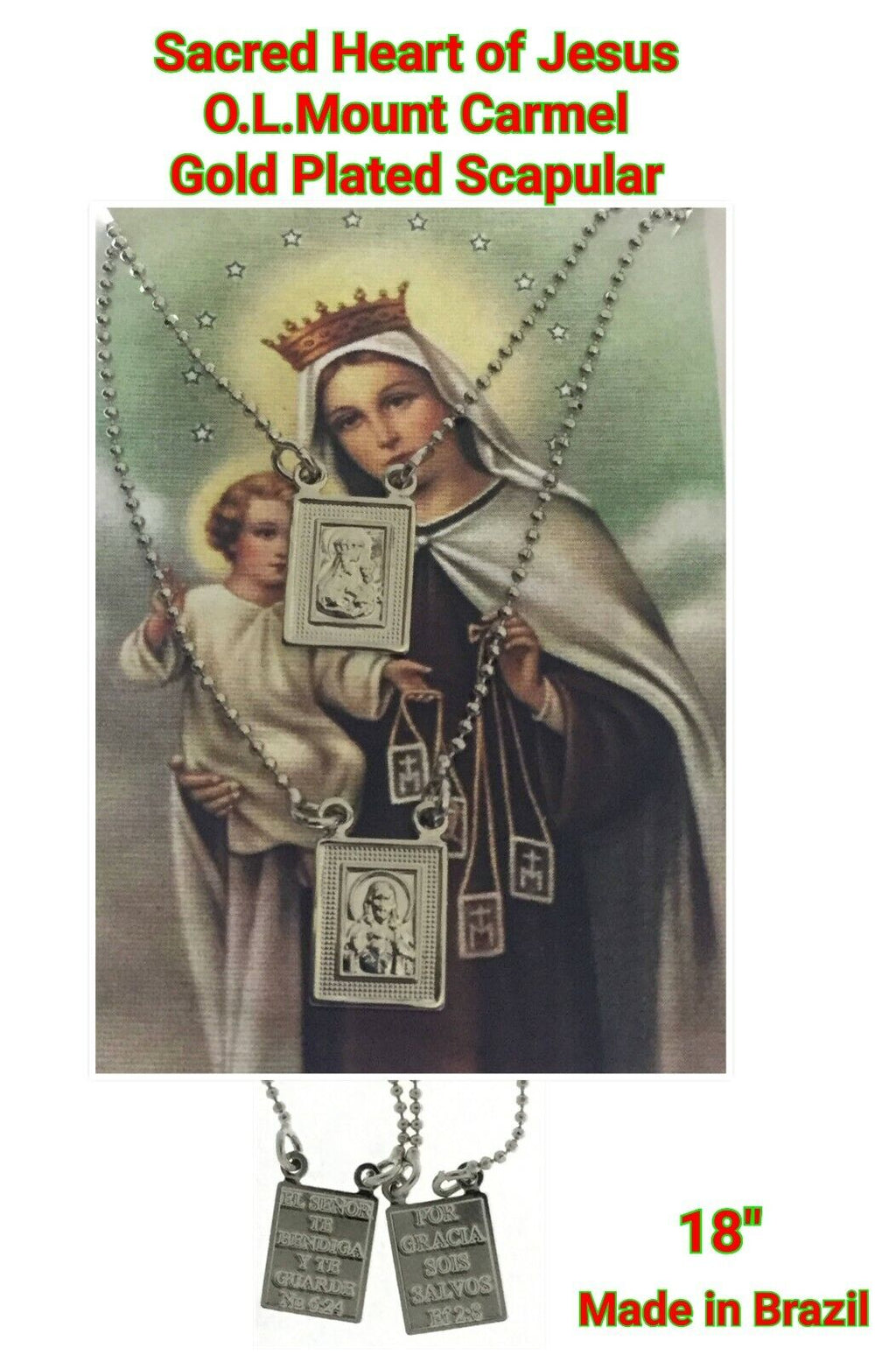 14k Gold Plated Our Lady Mt Carmel & Sacred Heart Jesus  Scapular Necklace S