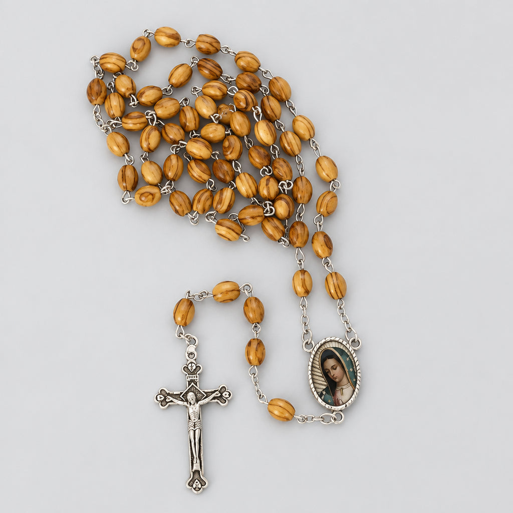Olive Wood Rosary JERUSALEM Necklace Oval Catholic Virgen De Guadalupe México