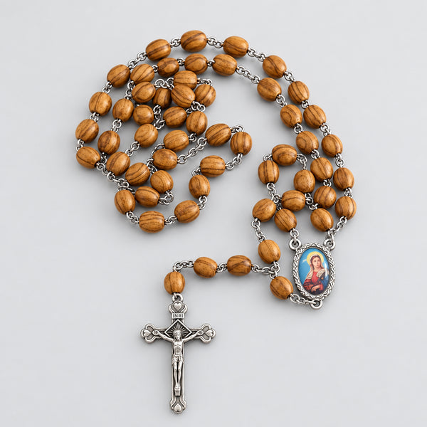 Catholic Rosary Necklace Olive Wood St.Lucy Jerusalem Santa Lucia Rosario
