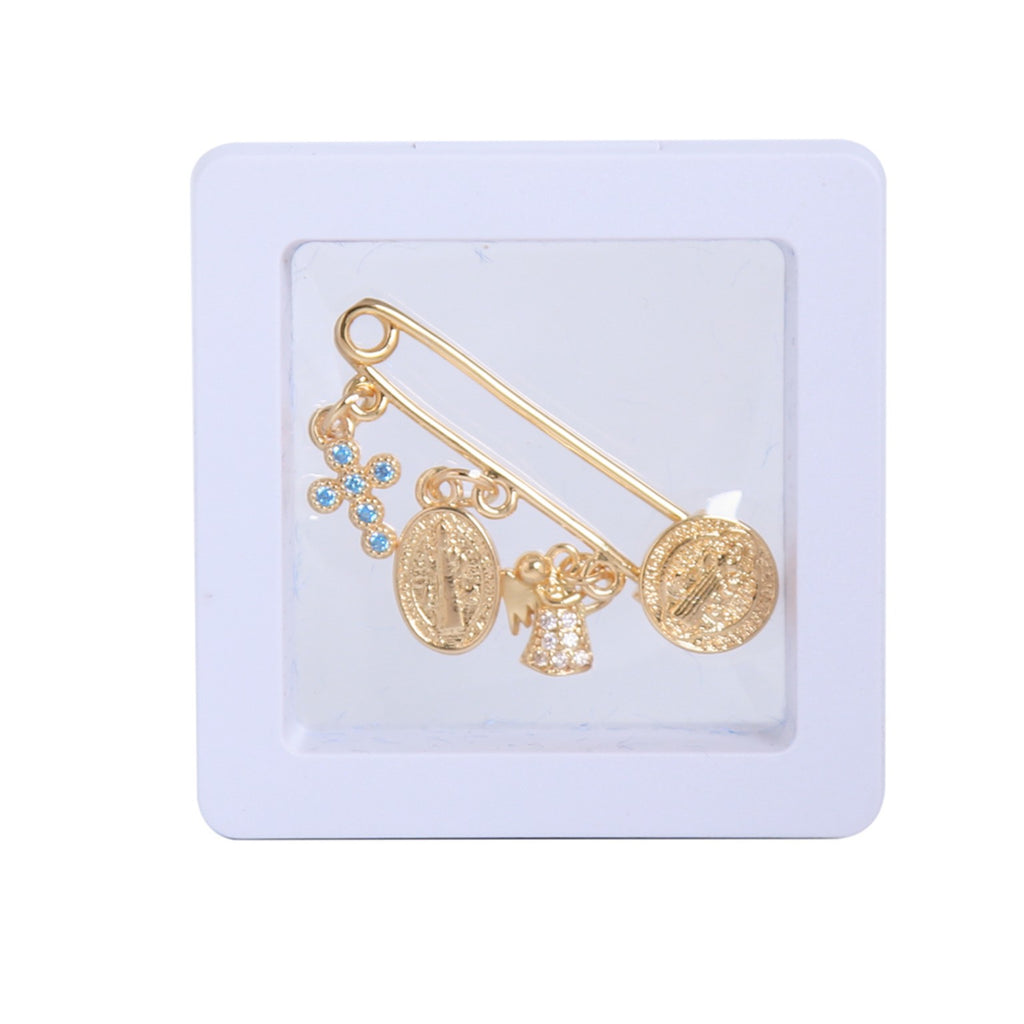 Blue cross Saint Benedict baby blessing pin in presentation gift box