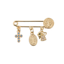Gold-plated baby blessing pin with blue cross, Saint Benedict seal, Virgin Mary medal and angel charm