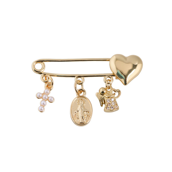 Gold-plated baby blessing pin with pearl cross, puffed heart, Virgin Mary medal and angel charm