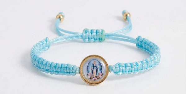Baby blue macramé cord bracelet with gold-tone Miraculous Medal