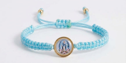 Baby blue macramé cord bracelet with gold-tone Miraculous Medal