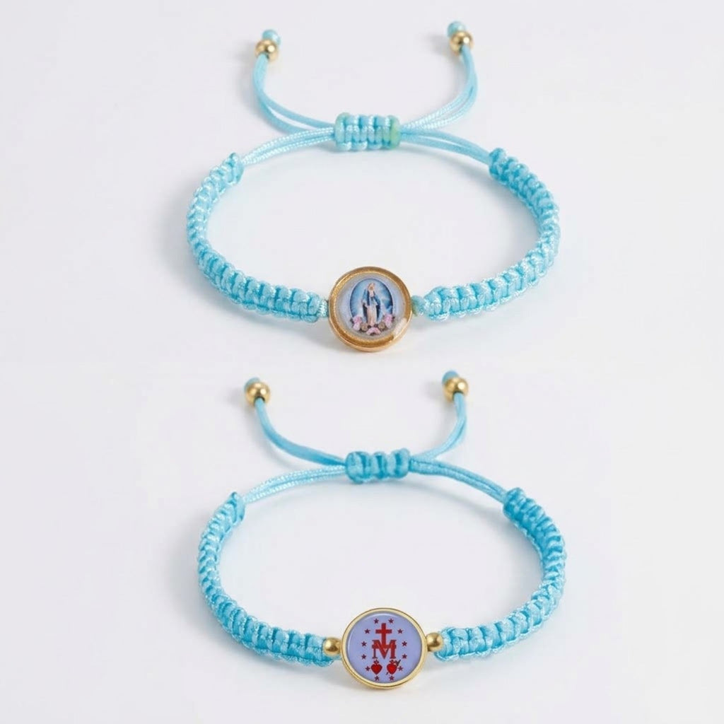 Baby blue Miraculous Medal macramé cord bracelet