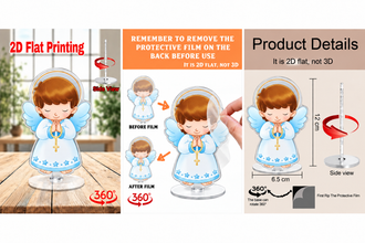 Blue baby boy angel acrylic standee three-panel details collage, 12 × 6.5 cm