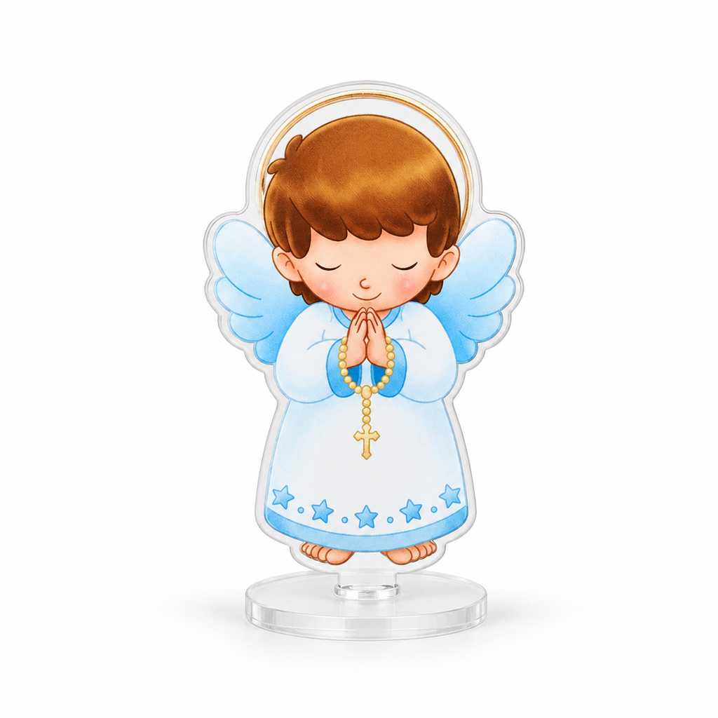 Baby boy angel acrylic standee with blue wings and gold rosary on white background