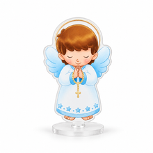Baby boy angel acrylic standee with blue wings and gold rosary on white background