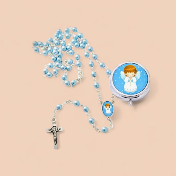 Baby Boy Guardian Angel blue pearl rosary full view
