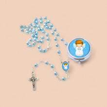 Baby Boy Guardian Angel 4 mm blue imitation-pearl rosary with matching keepsake box