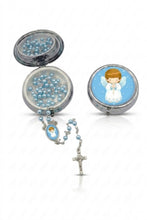 Baby Boy Guardian Angel blue pearl rosary with Saint Benedict crucifix and matching silver-tone keepsake box