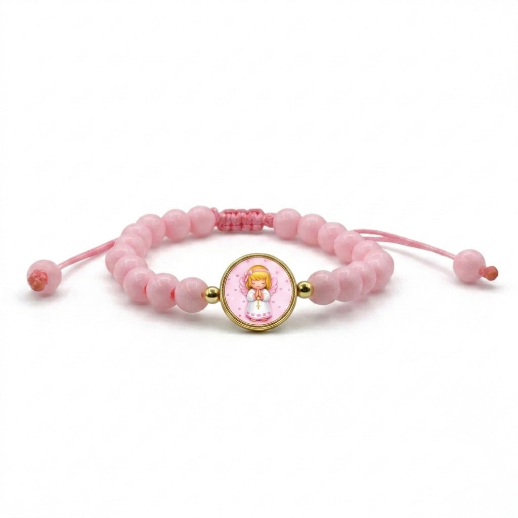 Baby girl angel pink children's adjustable bracelet with molded 6 mm beads