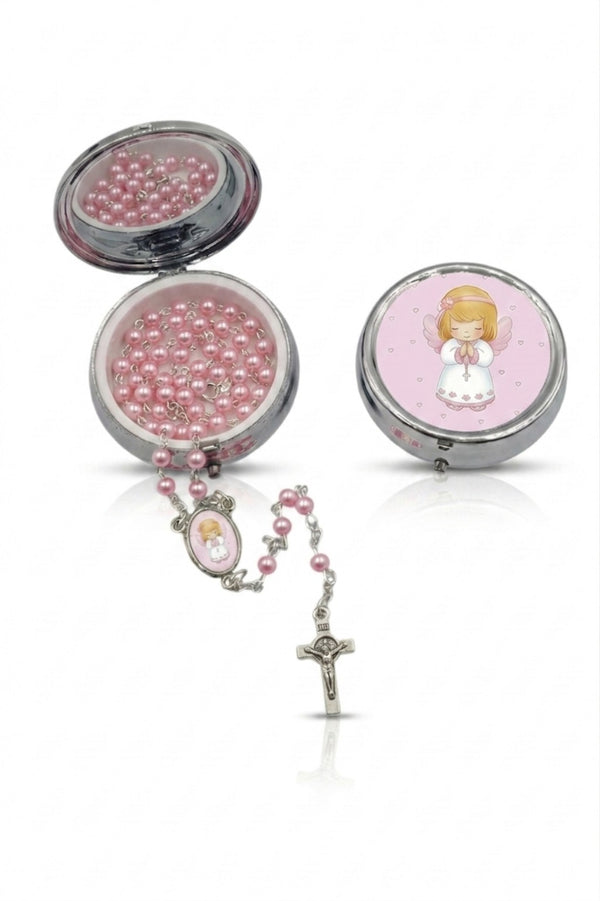 Baby Girl Guardian Angel pink pearl rosary with keepsake box