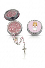 Baby Girl Guardian Angel pink pearl rosary with Saint Benedict crucifix and matching silver-tone keepsake box