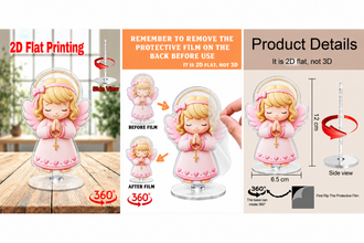 Pink baby girl angel acrylic standee three-panel details collage, 12 × 6.5 cm
