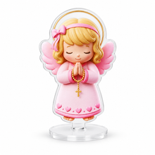 Baby girl angel acrylic standee with pink wings, bow and gold rosary on white background